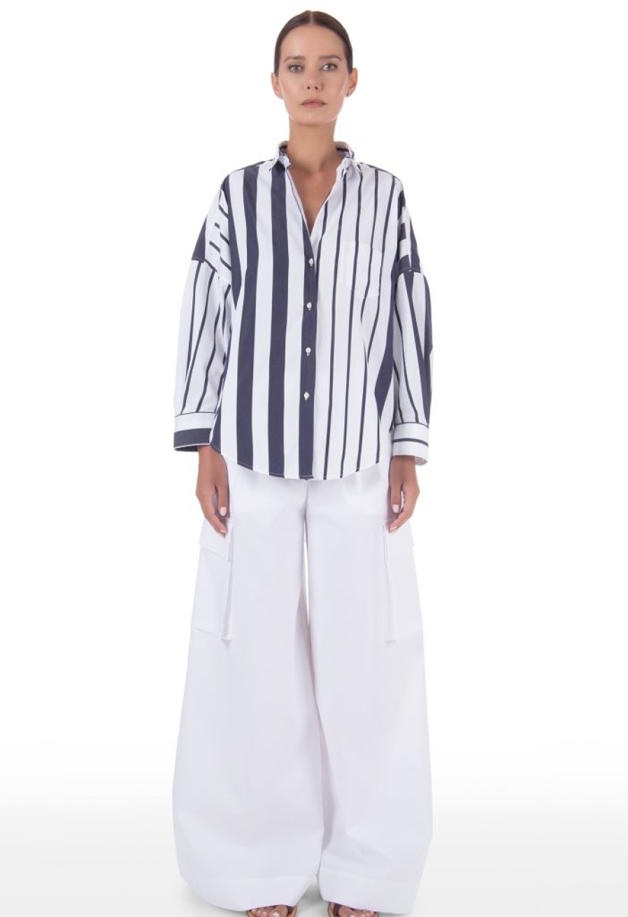 SARA ROKA Camicia Scout Oversize Con Maniche A 3/4 Colore Blu Navy E Bianco - Sara Roka | Camicia