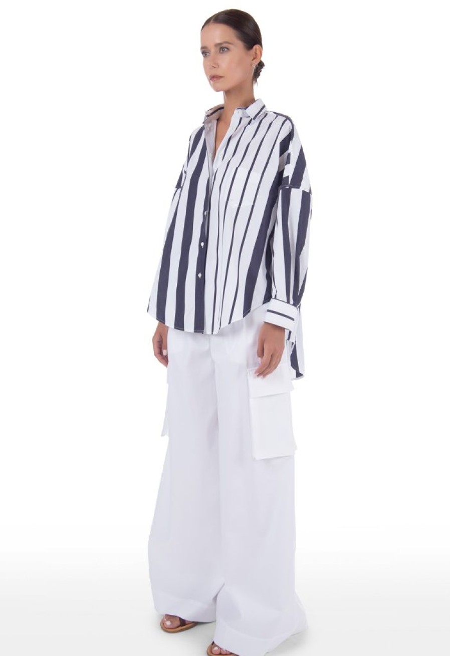 SARA ROKA Camicia Scout Oversize Con Maniche A 3/4 Colore Blu Navy E Bianco - Sara Roka | Camicia